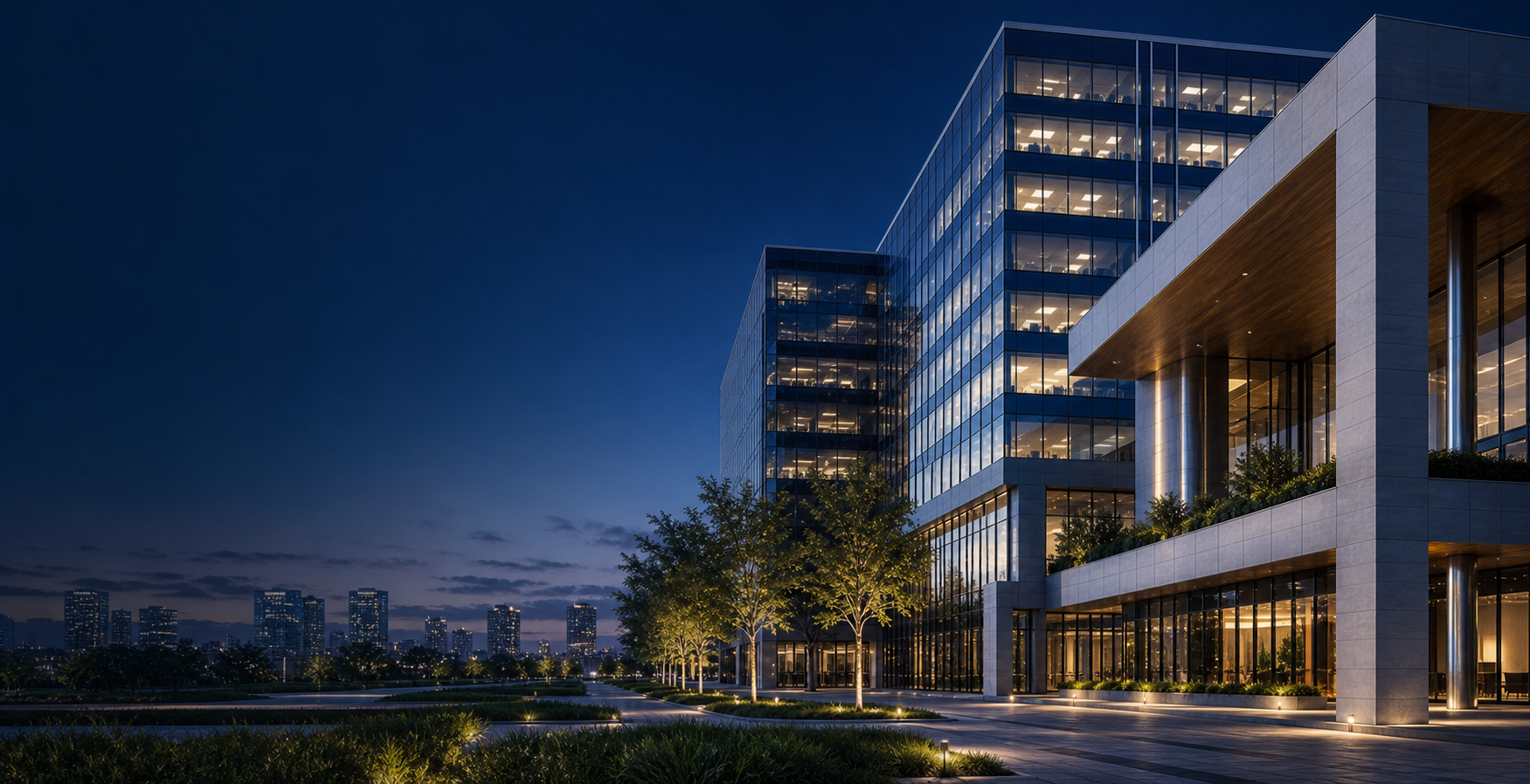 Modern commercial real estate architecture at dusk